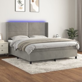 Box spring bed with mattress and LED light gray velvet 180x200 cm by , Beds and slatted bases - Ref: Foro24-3139517, Price: 6...