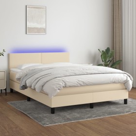 Box spring bed with mattress and LED cream fabric 140x190 cm by , Beds and slatted bases - Ref: Foro24-3132994, Price: 436,99...