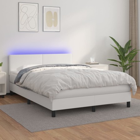 Box spring bed with mattress and LED white synthetic leather 140x190 cm by , Beds and slatted bases - Ref: Foro24-3134100, Pr...