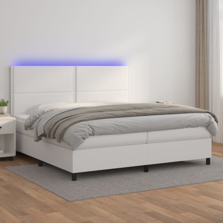 Box spring bed with mattress and LED white synthetic leather 200x200 cm by , Beds and slatted bases - Ref: Foro24-3135904, Pr...