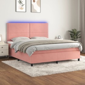 Cama box spring colchón y LED terciopelo rosa 180x200 cm de , Camas y somieres - Ref: Foro24-3136082, Precio: 587,99 €, Descu...