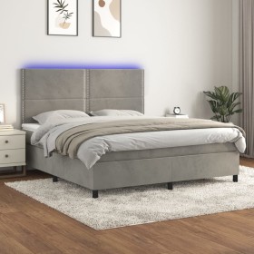 Box spring bed with mattress and LED light gray velvet 180x200 cm by , Beds and slatted bases - Ref: Foro24-3136077, Price: 6...