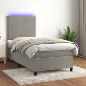 Box spring bed with mattress and LED light gray velvet 90x190 cm by , Beds and slatted bases - Ref: Foro24-3136035, Price: 36...