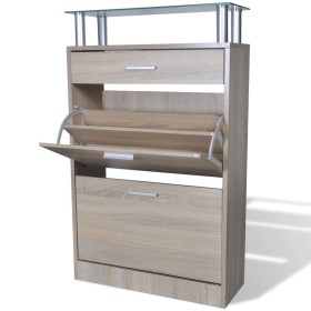 Shoe cabinet with drawer and upper glass shelf wood appearance by , Shoe racks and shoe organizers - Ref: Foro24-241245, Pric...