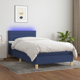 Box spring bed with mattress and LED blue fabric 90x190 cm by , Beds and slatted bases - Ref: Foro24-3133763, Price: 329,87 €...