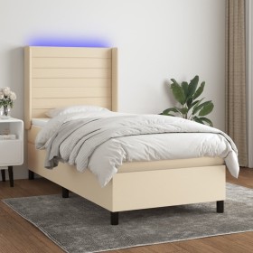 Box spring bed mattress and LED lights cream fabric 100x200 cm by , Beds and slatted bases - Ref: Foro24-3138378, Price: 418,...