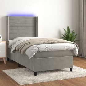 Box spring bed with mattress and LED light gray velvet 100x200 cm by , Beds and slatted bases - Ref: Foro24-3139607, Price: 3...