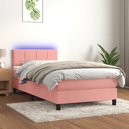 Box spring bed with mattress and LED pink velvet 90x190 cm by , Beds and slatted bases - Ref: Foro24-3134380, Price: 327,69 €...