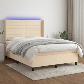 Box spring bed mattress and LED lights cream fabric 140x190 cm by , Beds and slatted bases - Ref: Foro24-3138394, Price: 547,...