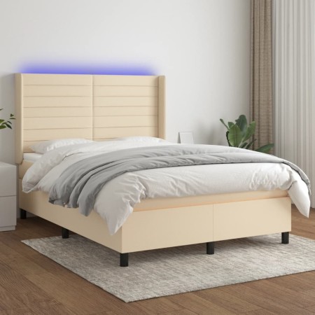 Box spring bed mattress and LED lights cream fabric 140x190 cm by , Beds and slatted bases - Ref: Foro24-3138394, Price: 534,...