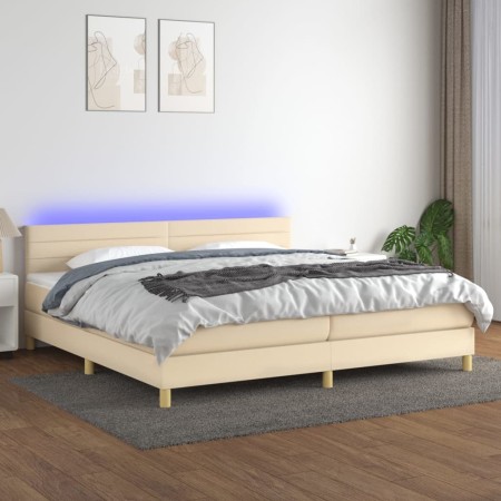 Box spring bed with mattress and LED cream fabric 200x200 cm by , Beds and slatted bases - Ref: Foro24-3133826, Price: 591,81...