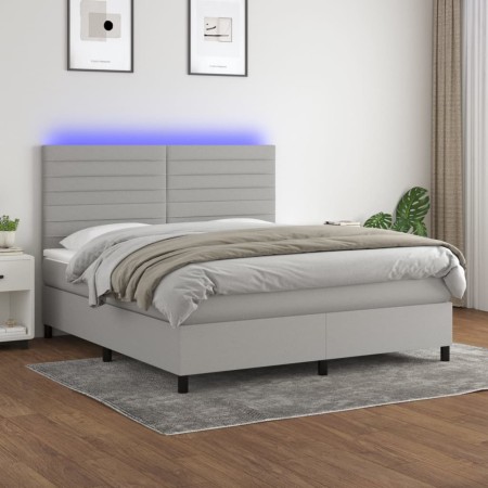 Box spring bed mattress and LED lights light gray fabric 180x200 cm by , Beds and slatted bases - Ref: Foro24-3134973, Price:...