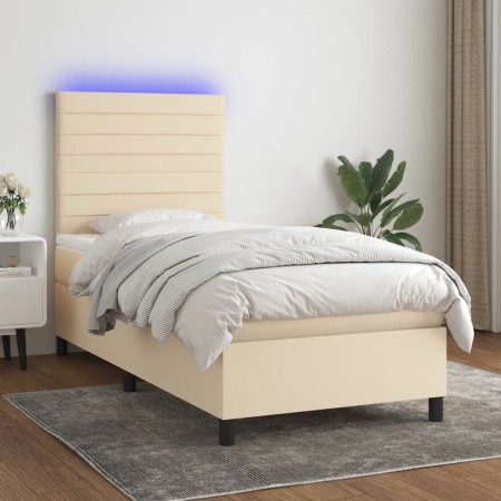 Cama box spring colchón y luces LED tela crema 100x200 cm de , Camas y somieres - Ref: Foro24-3134938, Precio: 399,68 €, Desc...