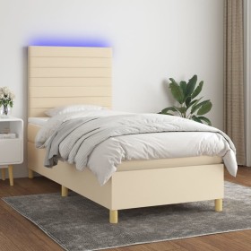 Box spring bed mattress and LED lights cream fabric 100x200 cm by , Beds and slatted bases - Ref: Foro24-3135498, Price: 398,...