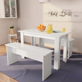 Mesa de comedor y bancos 3 piezas madera contrachapada blanca de vidaXL, muebles para cocinas y comedores - Ref: Foro24-24486...