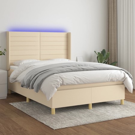 Box spring bed mattress and LED lights cream fabric 140x190 cm by , Beds and slatted bases - Ref: Foro24-3138954, Price: 546,...