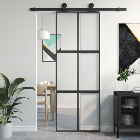 Tempered glass and black aluminum sliding door 76x205 cm by , Doors for the home - Ref: Foro24-155210, Price: 158,69 €, Disco...