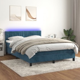 Box spring bed with mattress and LED dark blue velvet 140x190 cm by , Beds and slatted bases - Ref: Foro24-3134523, Price: 41...