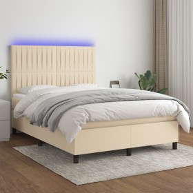 Box spring bed mattress and LED lights cream fabric 140x190 cm by , Beds and slatted bases - Ref: Foro24-3135034, Price: 535,...