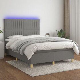 Box spring bed mattress and LED lights dark gray fabric 140x190 cm by , Beds and slatted bases - Ref: Foro24-3135590, Price: ...