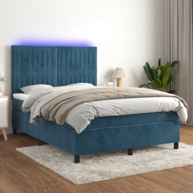 Box spring bed with mattress and LED dark blue velvet 140x190 cm by , Beds and slatted bases - Ref: Foro24-3136243, Price: 48...