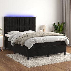 Box spring bed with mattress and LED black velvet 140x190 cm by , Beds and slatted bases - Ref: Foro24-3136241, Price: 491,99...