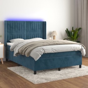 Box spring bed with mattress and LED dark blue velvet 140x200 cm by , Beds and slatted bases - Ref: Foro24-3139689, Price: 54...