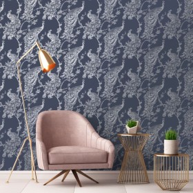 DUTCH WALLCOVERINGS Navy and silver peacock wallpaper by DUTCH WALLCOVERINGS, Painted paper - Ref: Foro24-437415, Price: 16,9...