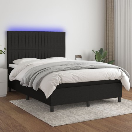 Box spring bed mattress and LED lights black fabric 140x200 cm by , Beds and slatted bases - Ref: Foro24-3135039, Price: 557,...