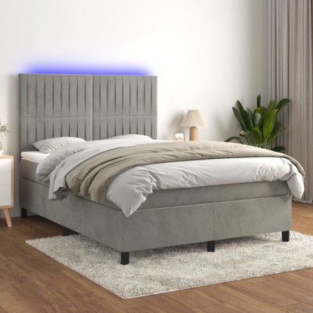 Box spring bed with mattress and LED light gray velvet 140x190 cm by , Beds and slatted bases - Ref: Foro24-3136239, Price: 5...