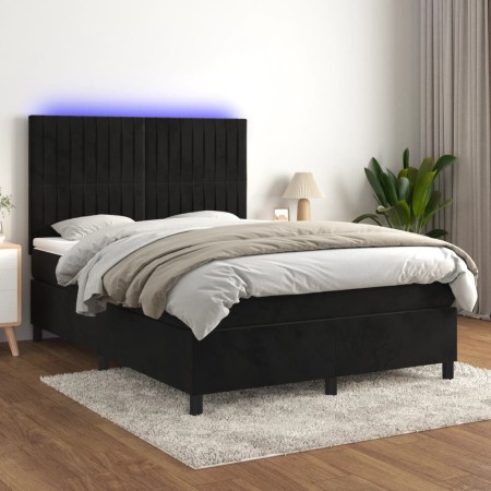 Cama box spring colchón y LED terciopelo negro 140x200 cm de , Camas y somieres - Ref: Foro24-3136247, Precio: 517,38 €, Desc...