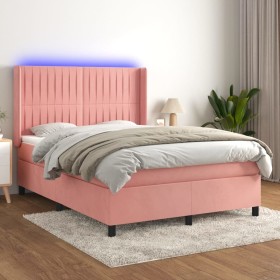 Cama box spring colchón y LED terciopelo rosa 140x190 cm de , Camas y somieres - Ref: Foro24-3139684, Precio: 528,98 €, Descu...