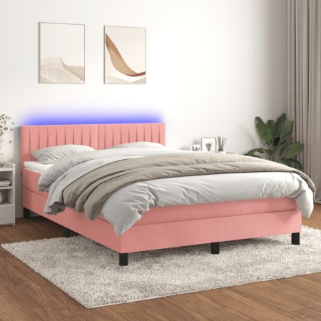 Cama box spring colchón y LED terciopelo rosa 140x200 cm de , Camas y somieres - Ref: Foro24-3134530, Precio: 443,38 €, Descu...