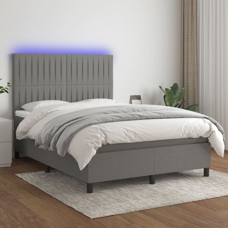 Box spring bed mattress and LED lights dark gray fabric 140x200 cm by , Beds and slatted bases - Ref: Foro24-3135038, Price: ...