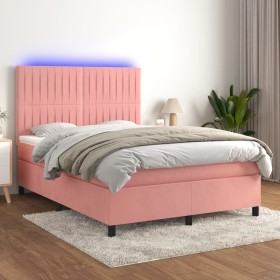 Cama box spring colchón y LED terciopelo rosa 140x200 cm de , Camas y somieres - Ref: Foro24-3136250, Precio: 478,99 €, Descu...