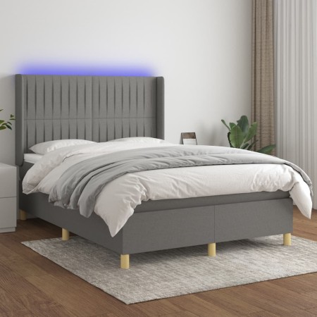 Box spring bed mattress and LED lights dark gray fabric 140x200 cm by , Beds and slatted bases - Ref: Foro24-3139038, Price: ...