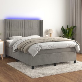 Box spring bed with mattress and LED light gray velvet 140x190 cm by , Beds and slatted bases - Ref: Foro24-3139679, Price: 5...