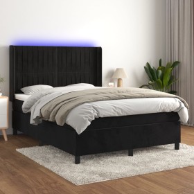 Box spring bed with mattress and LED black velvet 140x190 cm by , Beds and slatted bases - Ref: Foro24-3139681, Price: 531,24...