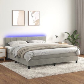 Box spring bed with mattress and LED light gray velvet 160x200 cm by , Beds and slatted bases - Ref: Foro24-3134411, Price: 4...