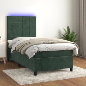 Cama box spring colchón y LED terciopelo verde oscuro 90x200 cm de , Camas y somieres - Ref: Foro24-3136104, Precio: 352,13 €...