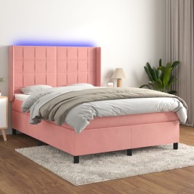 Cama box spring colchón y LED terciopelo rosa 140x190 cm de , Camas y somieres - Ref: Foro24-3139564, Precio: 542,47 €, Descu...