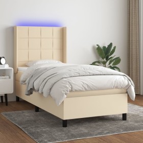 Box spring bed mattress and LED lights cream fabric 90x200 cm by , Beds and slatted bases - Ref: Foro24-3138290, Price: 375,4...