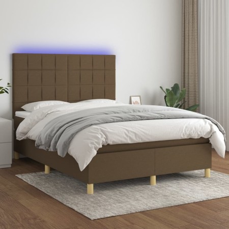 Box spring bed mattress LED lights dark brown fabric 140x200cm by , Beds and slatted bases - Ref: Foro24-3135440, Price: 513,...