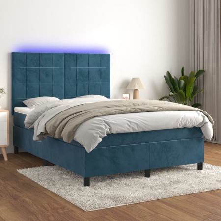 Cama box spring colchón y LED terciopelo azul oscuro 140x190 cm de , Camas y somieres - Ref: Foro24-3136123, Precio: 504,00 €...