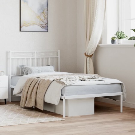 Estructura de cama de metal con cabecero blanco 100x190 cm de , Camas y somieres - Ref: Foro24-373734, Precio: 65,32 €, Descu...