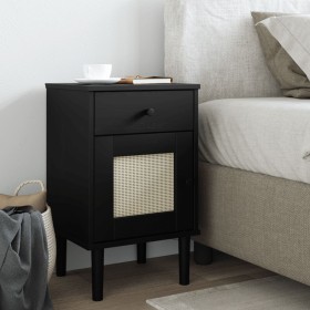 SENJA bedside table in black pine wood and rattan appearance, measuring 40x35x65 cm. by , Nightstands - Ref: Foro24-358015, P...