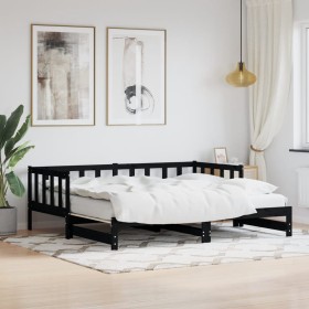 Trundle sofa bed solid black pine wood 90x200 cm by , Beds and slatted bases - Ref: Foro24-836158, Price: 186,75 €, Discount: %