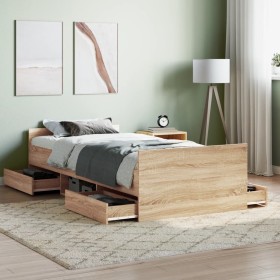 Bed frame with Sonoma oak headboard and footboard 100x200 cm by , Beds and slatted bases - Ref: Foro24-3203798, Price: 199,53...