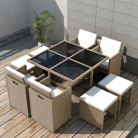 9-teiliges Garten-Esszimmerset und Kissen, synthetisches Rattan, beige von vidaXL, Gartensets - Ref: Foro24-42556, Preis: 619...