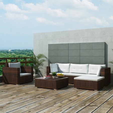 Set muebles de jardín 6 piezas y cojines ratán sintético marrón de vidaXL, Conjuntos de jardín - Ref: Foro24-42742, Precio: 5...